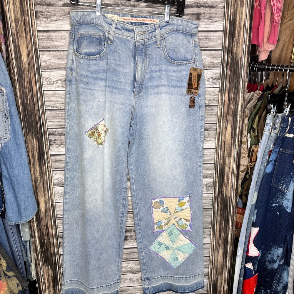 UpCycled Recycled Reworked Repurposed Handmade Wide Leg Denim Jeans Raw 12 Boho